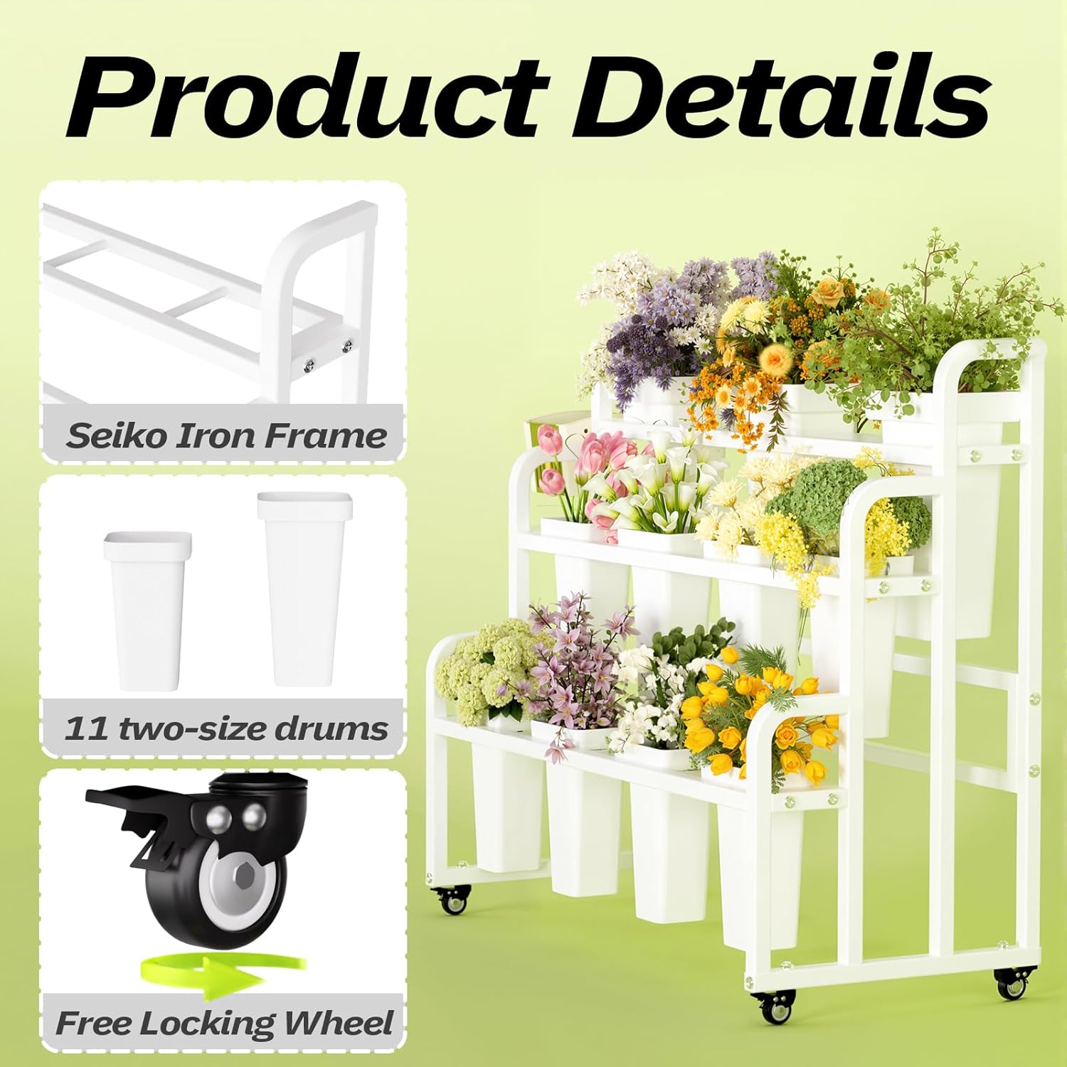 Flower Display Stand with 11 Buckets, Moving Florist Bouquet Shelf, Upgrade 360° Swivel Wheels and Brake, Flower Cart 3 Layers for Indoor, Outdoor Patio Garden, Living Room, Florist (White)